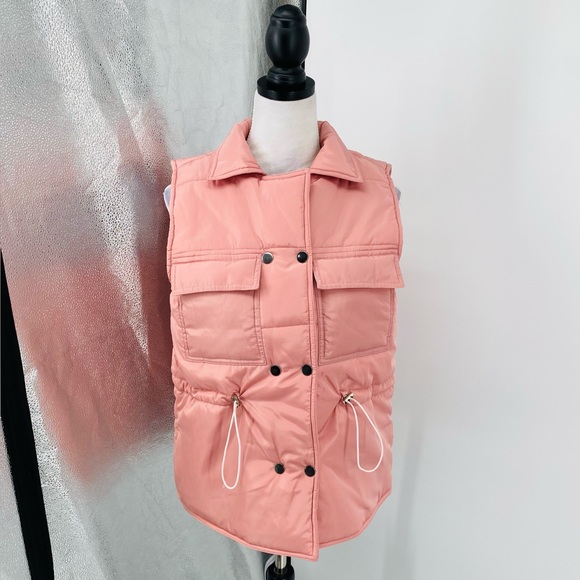 Pink Sleeveless Collared Double Breasted Padded Puffer Jacket Vest Gilet - Picture 9 of 16